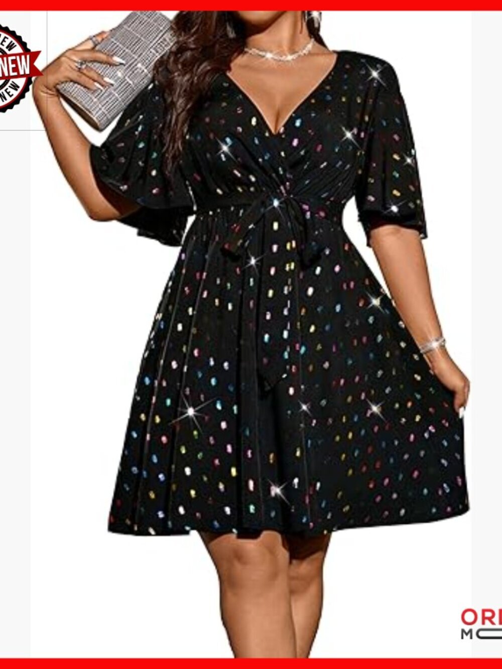 Plus Size Sparkly Cocktail Dress Wrap Short Sleeve Belted Sequin Party
